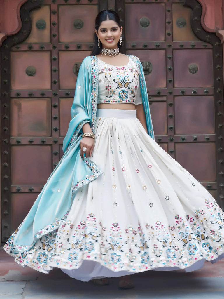 Mesmerising Off-White Sequnis Silk Lehenga Choli With Blue Dupatta 
