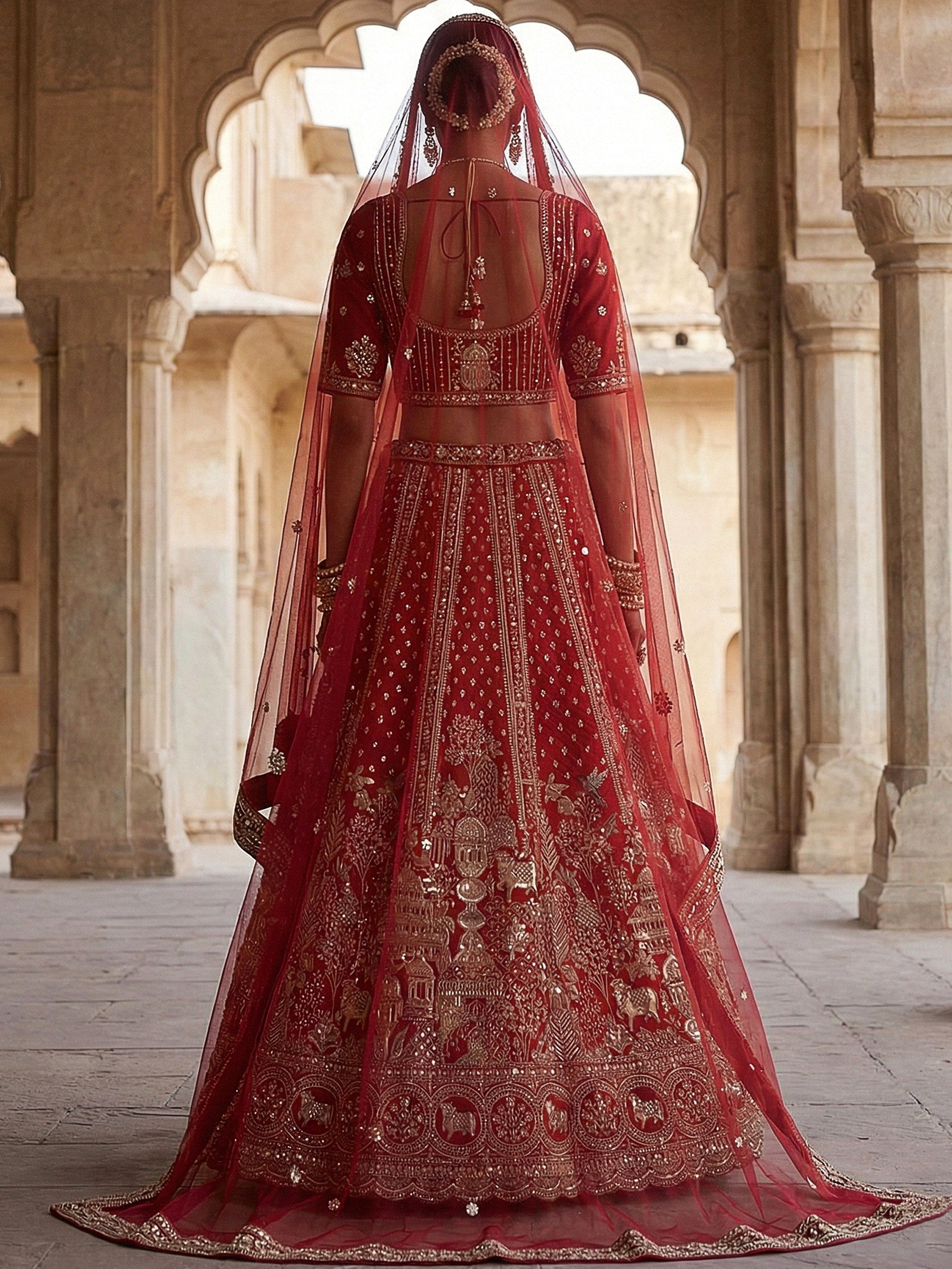 Elegant Red Embroidered Silk Bridal Lehenga Choli With Double Dupatta
