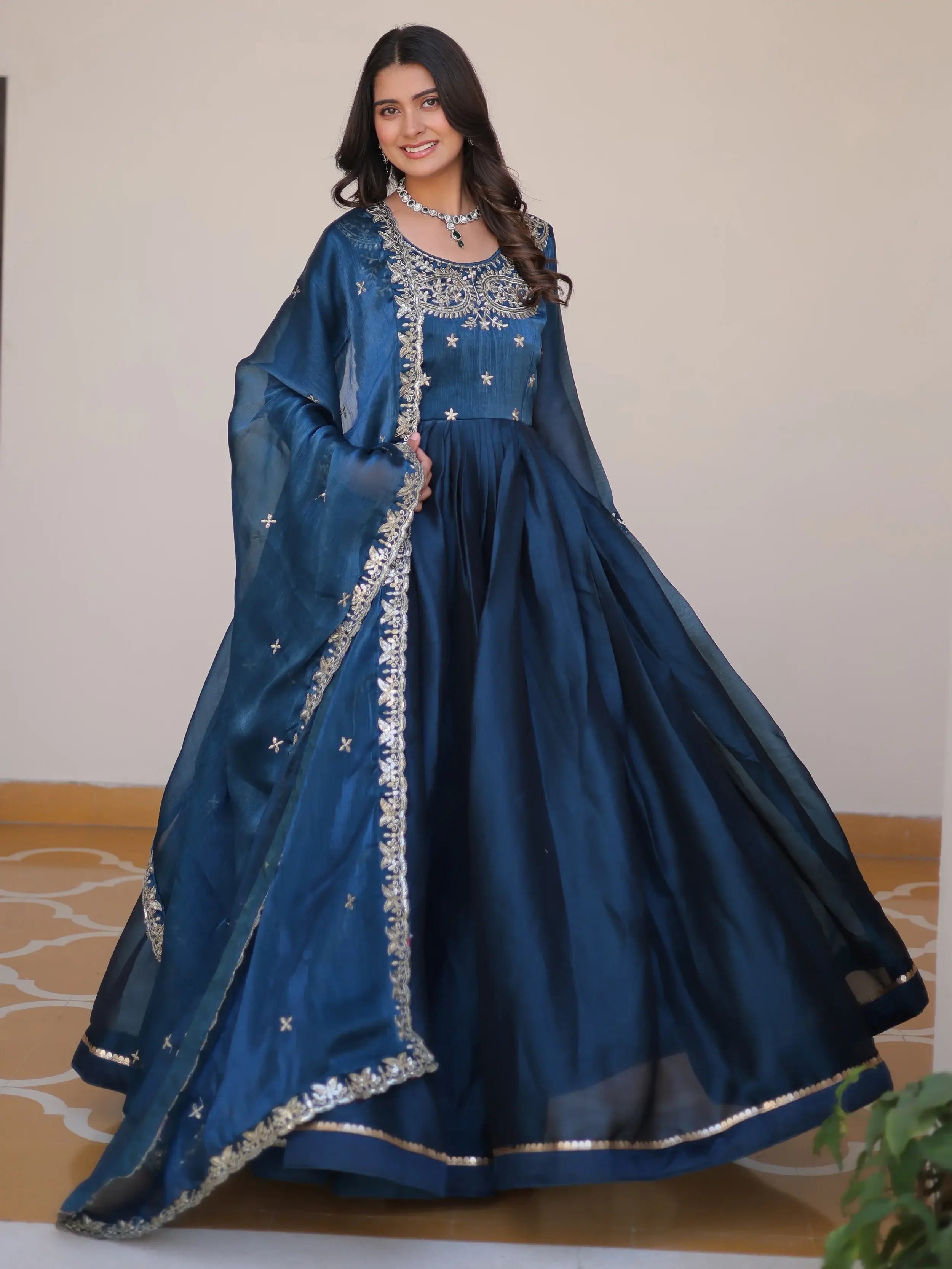 Dazzling Blue Embroidered Silk Wedding Wear Gown With Dupatta
