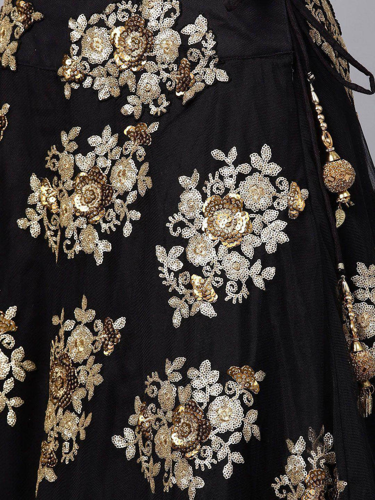 Black Floral Golden Sequins Work Net Fabric Party Wear Lehenga Choli