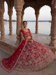 Awesome Red Embroidered Silk Bridal Lehenga Choli With Double Dupatta