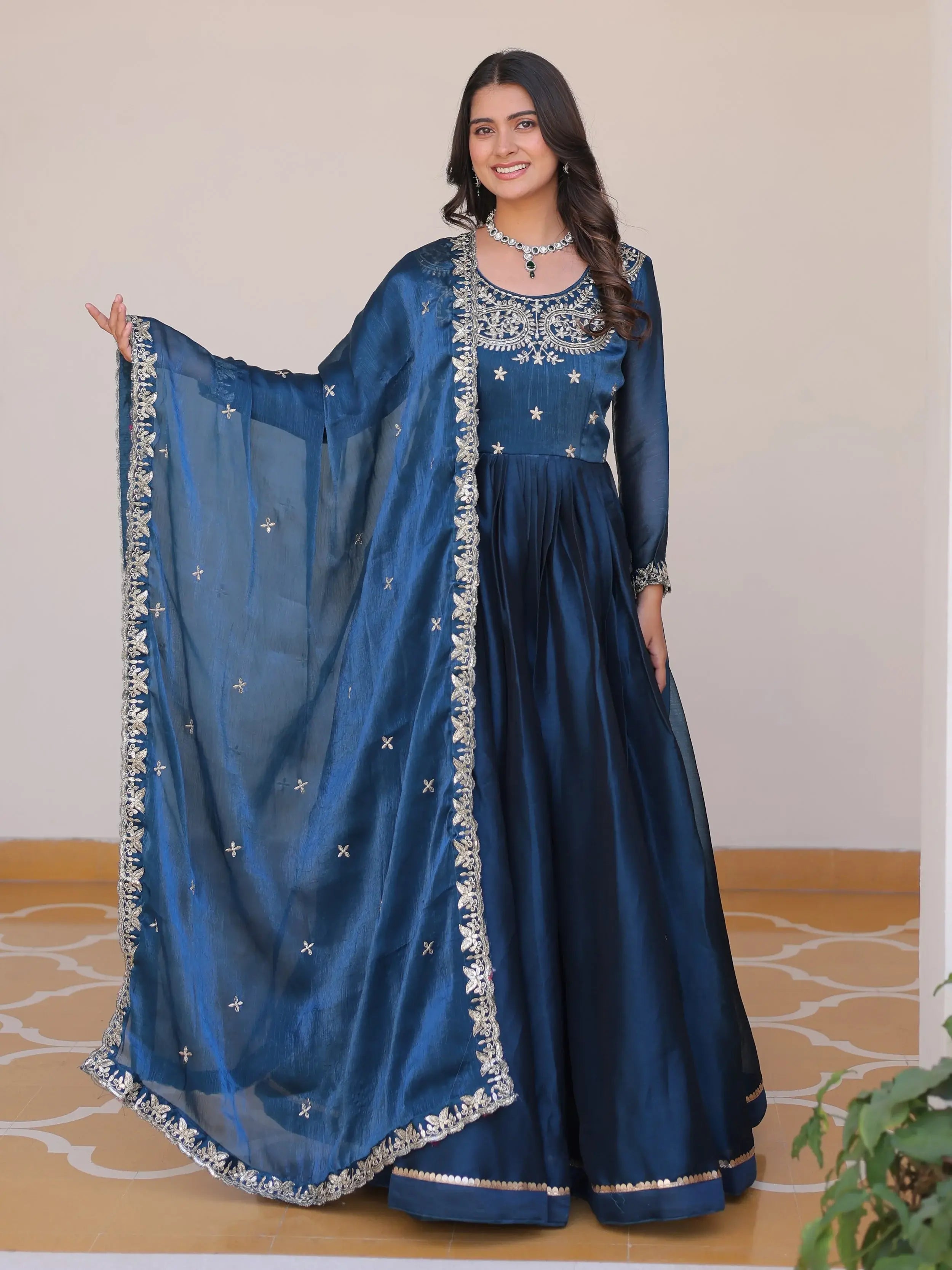 Dazzling Blue Embroidered Silk Wedding Wear Gown With Dupatta