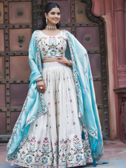 Mesmerising Off-White Sequnis Silk Lehenga Choli With Blue Dupatta 