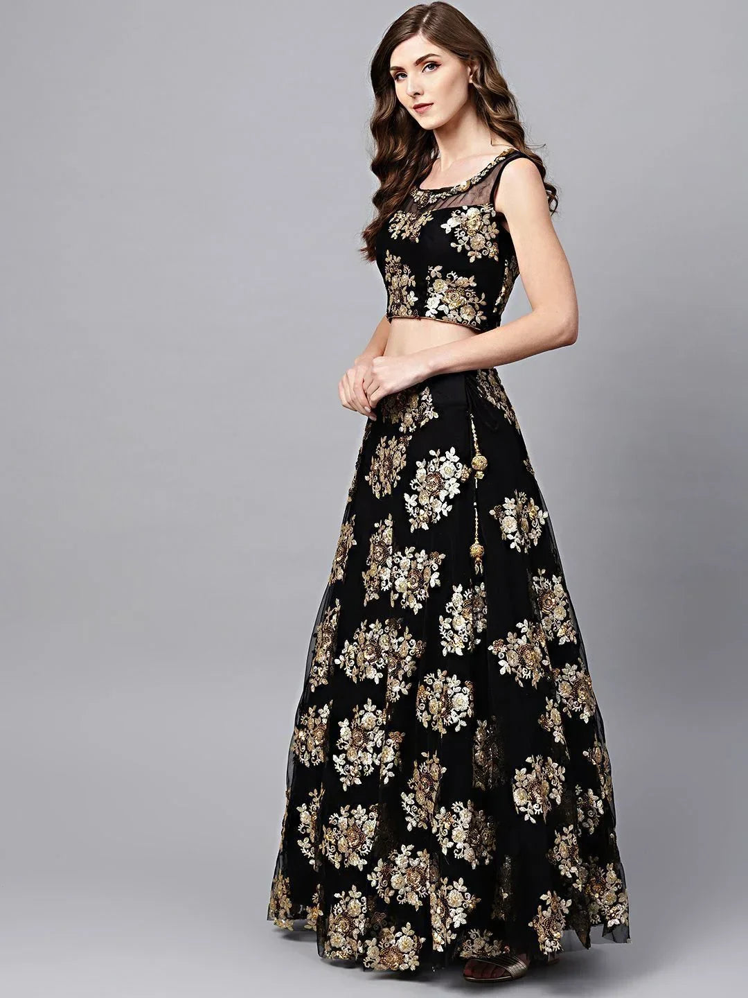Black Floral Golden Sequins Work Net Fabric Party Wear Lehenga Choli