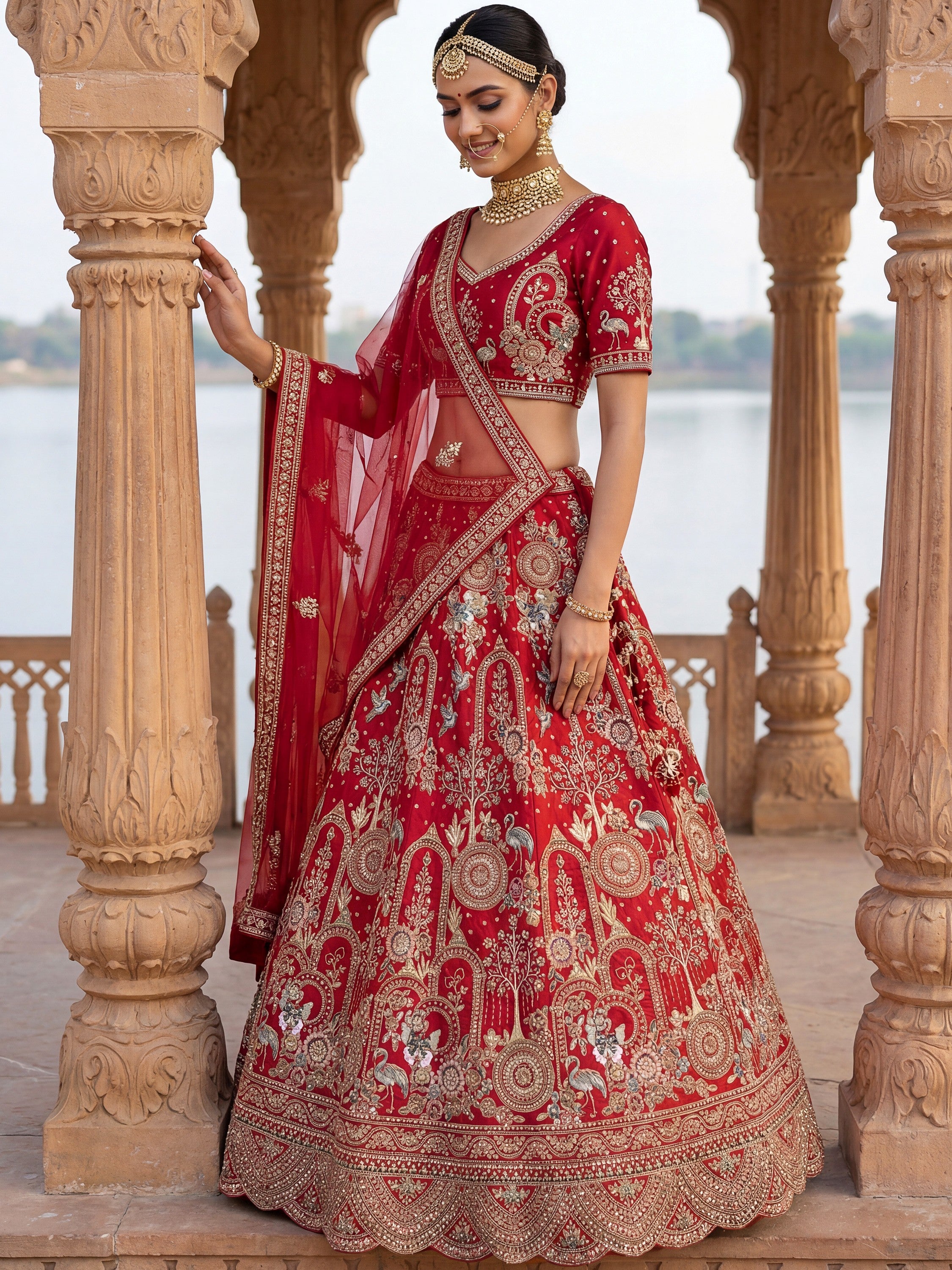 Awesome Red Embroidered Silk Bridal Lehenga Choli With Double Dupatta