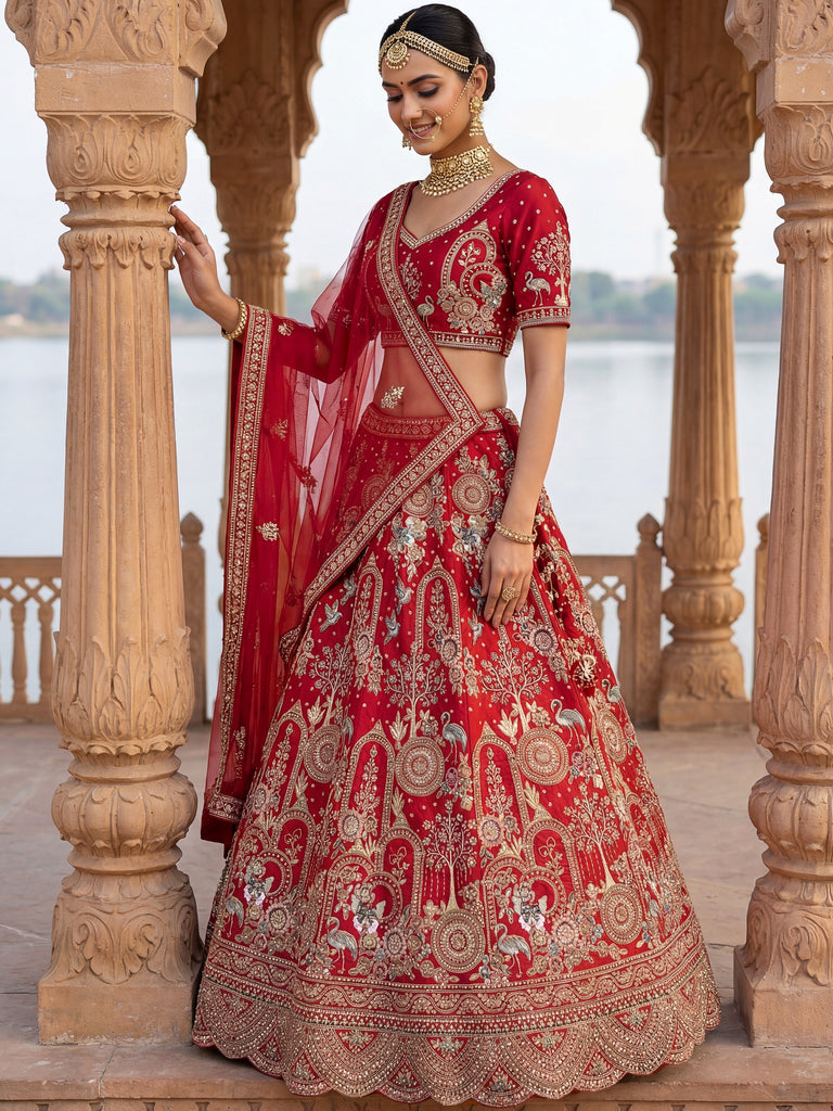 Awesome Red Embroidered Silk Bridal Lehenga Choli With Double Dupatta