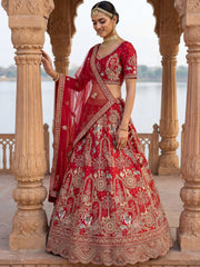 Awesome Red Embroidered Silk Bridal Lehenga Choli With Double Dupatta