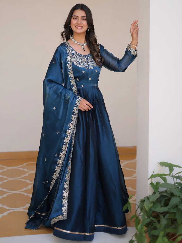 Dazzling Blue Embroidered Silk Wedding Wear Gown With Dupatta