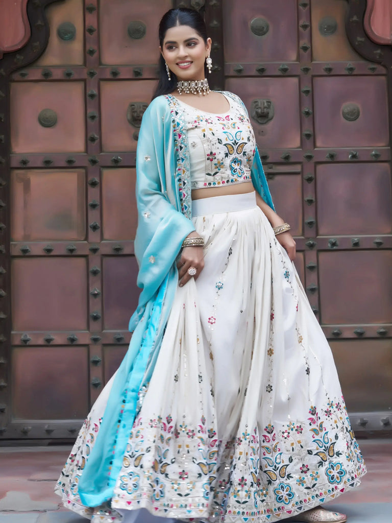 Mesmerising Off-White Sequnis Silk Lehenga Choli With Blue Dupatta 