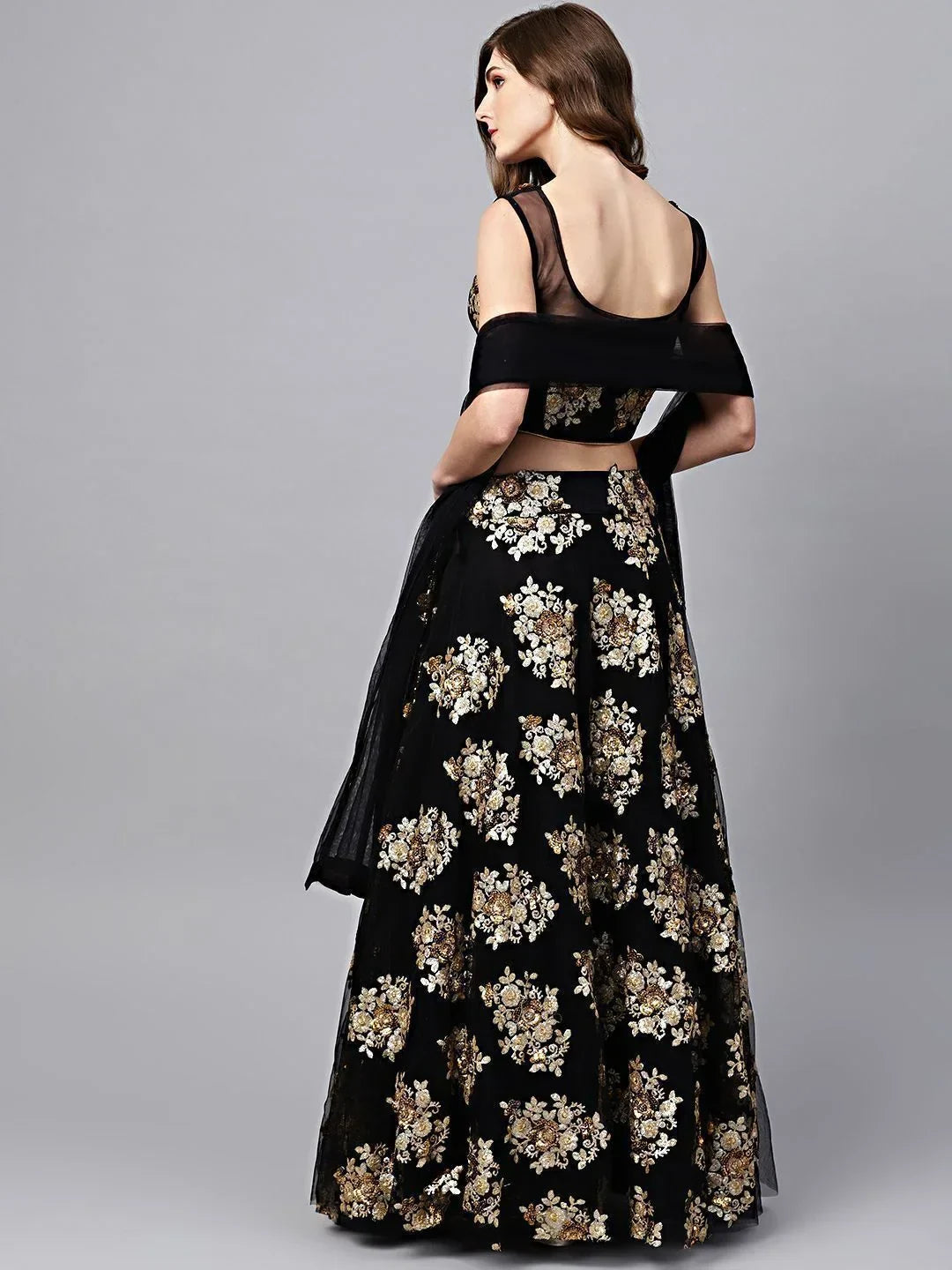 Black Floral Golden Sequins Work Net Fabric Party Wear Lehenga Choli