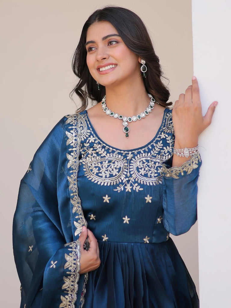 Dazzling Blue Embroidered Silk Wedding Wear Gown With Dupatta