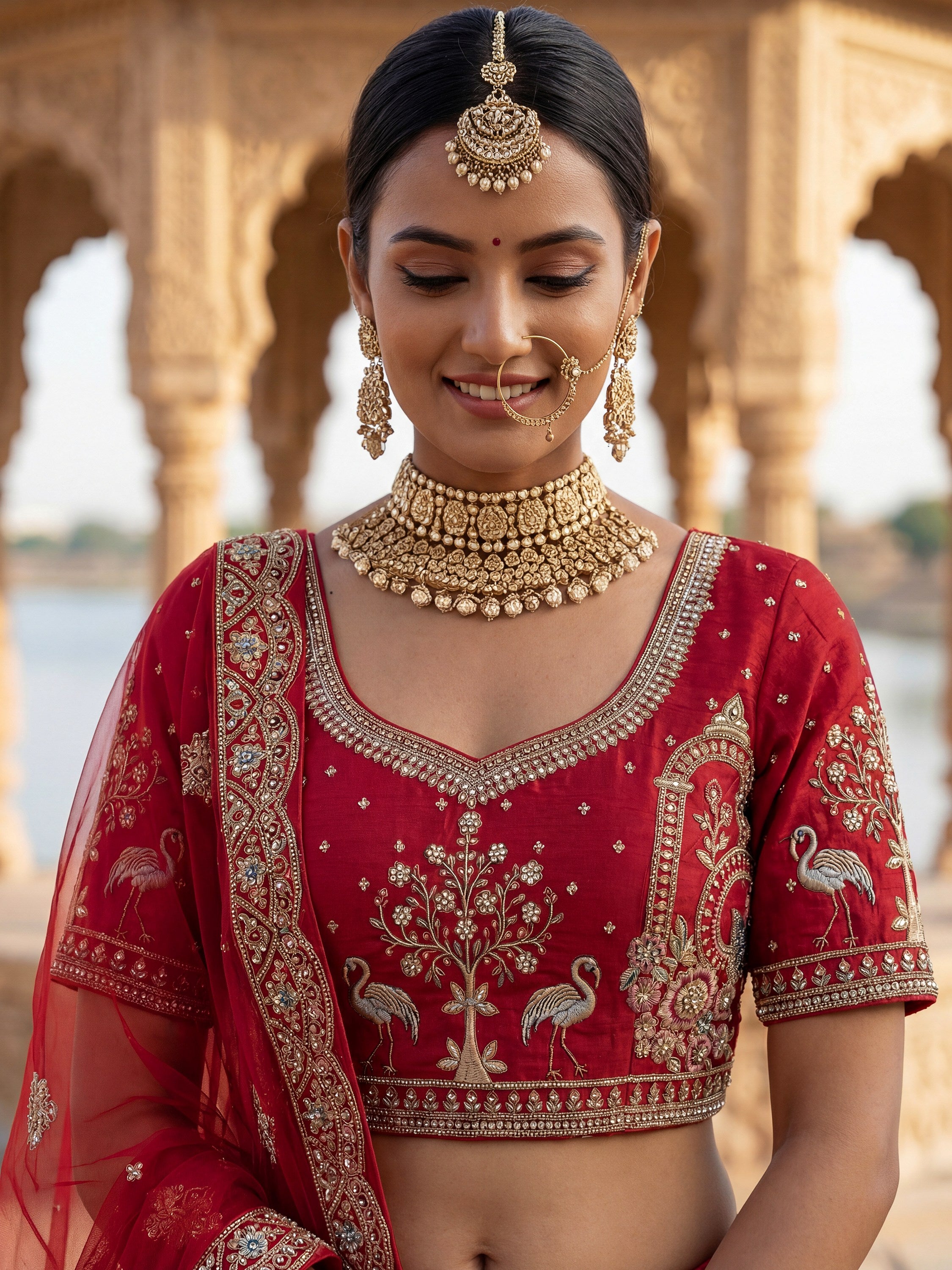 Awesome Red Embroidered Silk Bridal Lehenga Choli With Double Dupatta