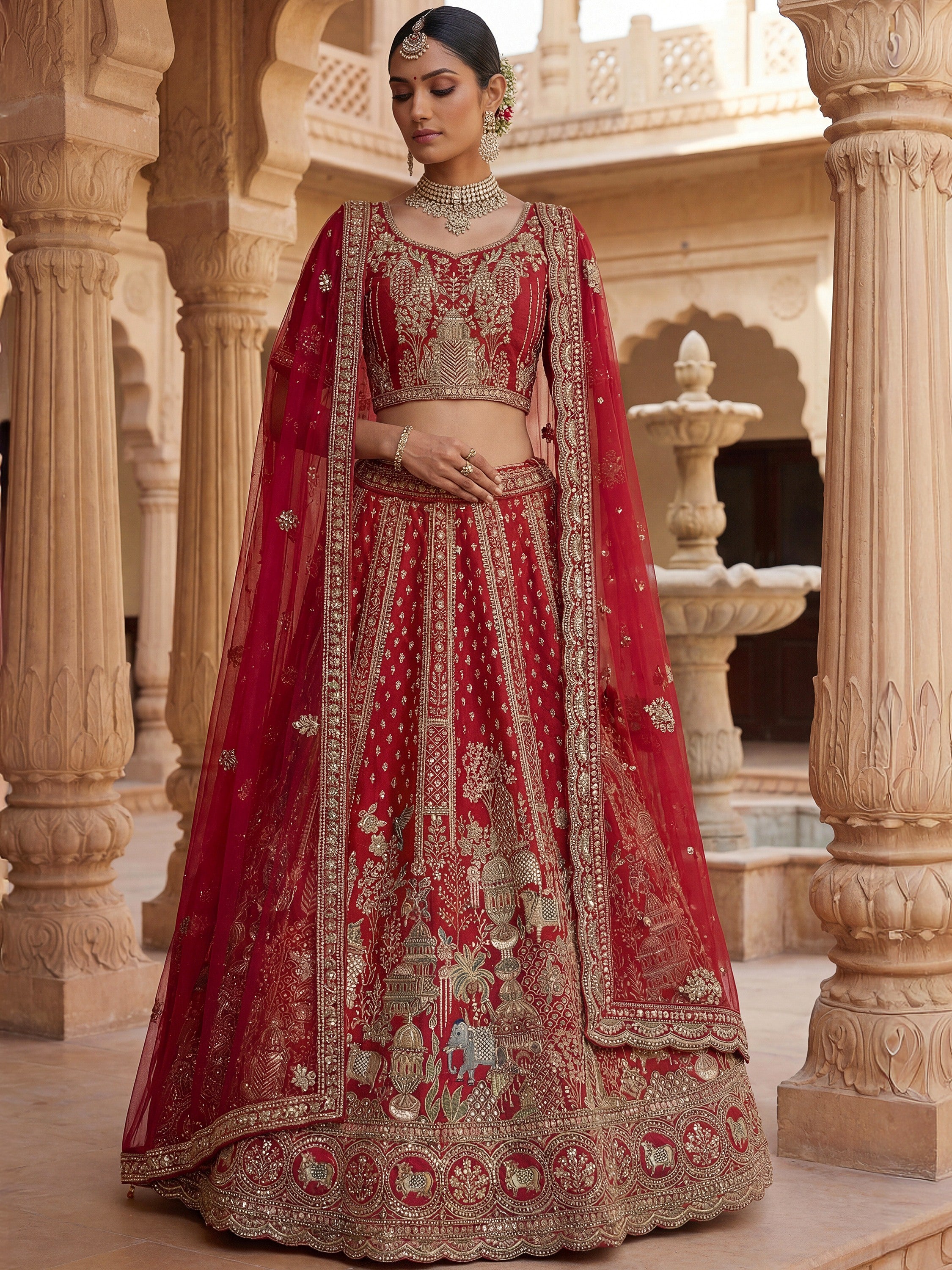 Elegant Red Embroidered Silk Bridal Lehenga Choli With Double Dupatta