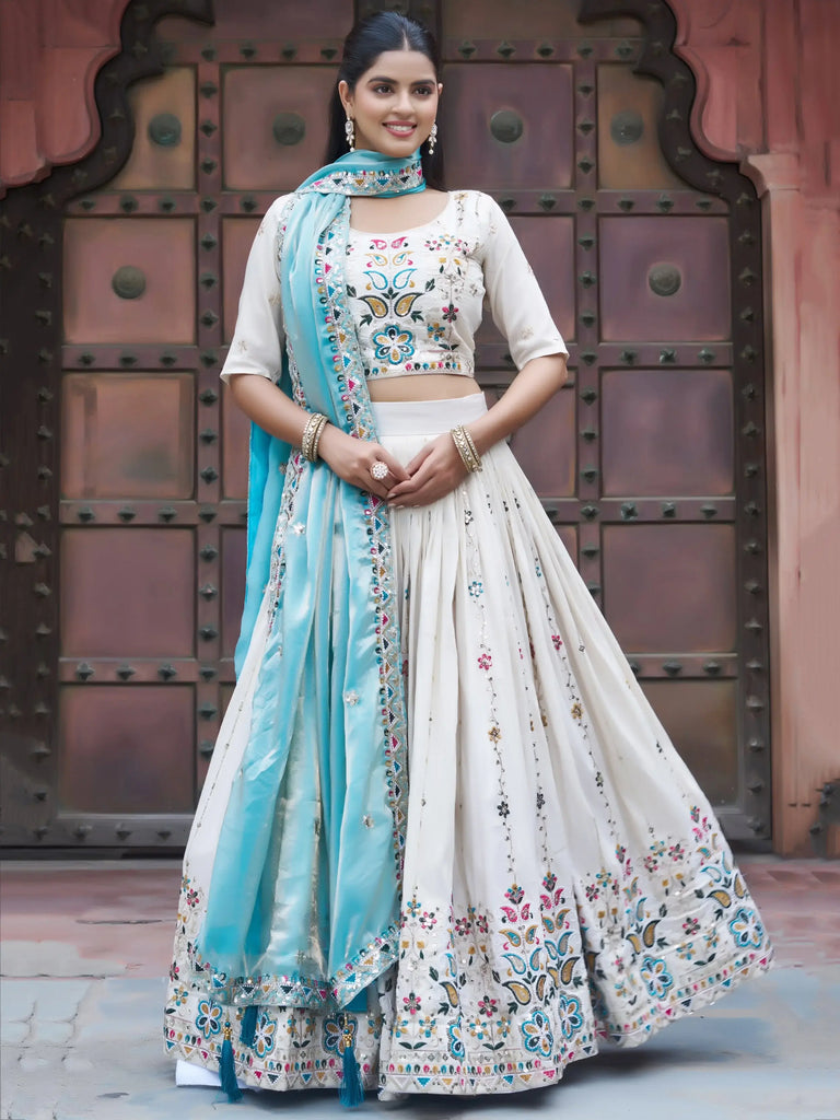 Mesmerising Off-White Sequnis Silk Lehenga Choli With Blue Dupatta 