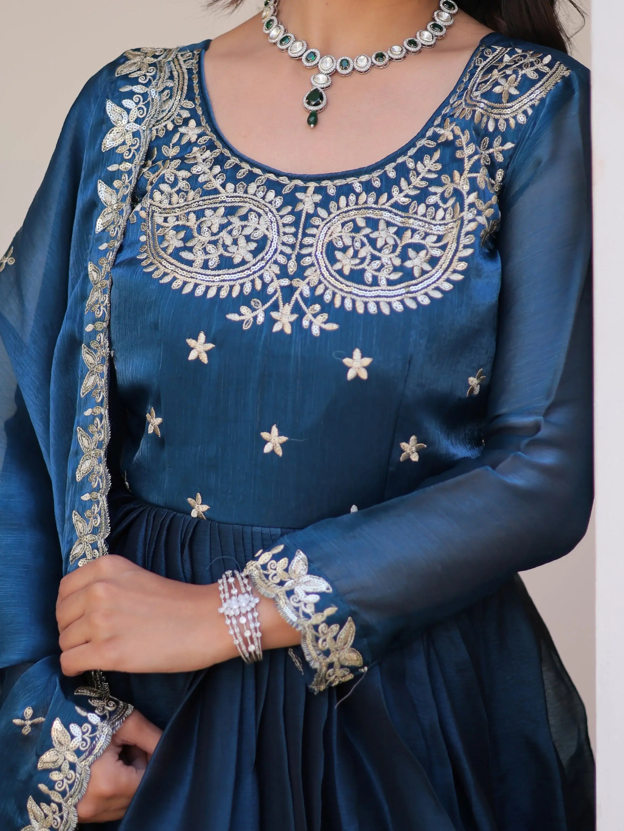 Dazzling Blue Embroidered Silk Wedding Wear Gown With Dupatta