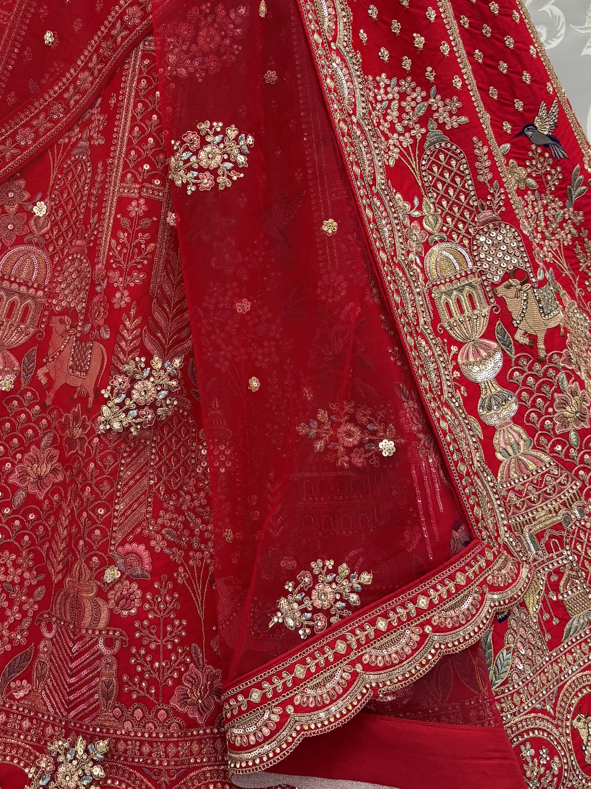 Elegant Red Embroidered Silk Bridal Lehenga Choli With Double Dupatta