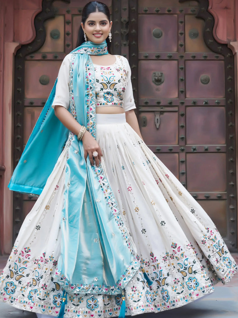 Mesmerising Off-White Sequnis Silk Lehenga Choli With Blue Dupatta 