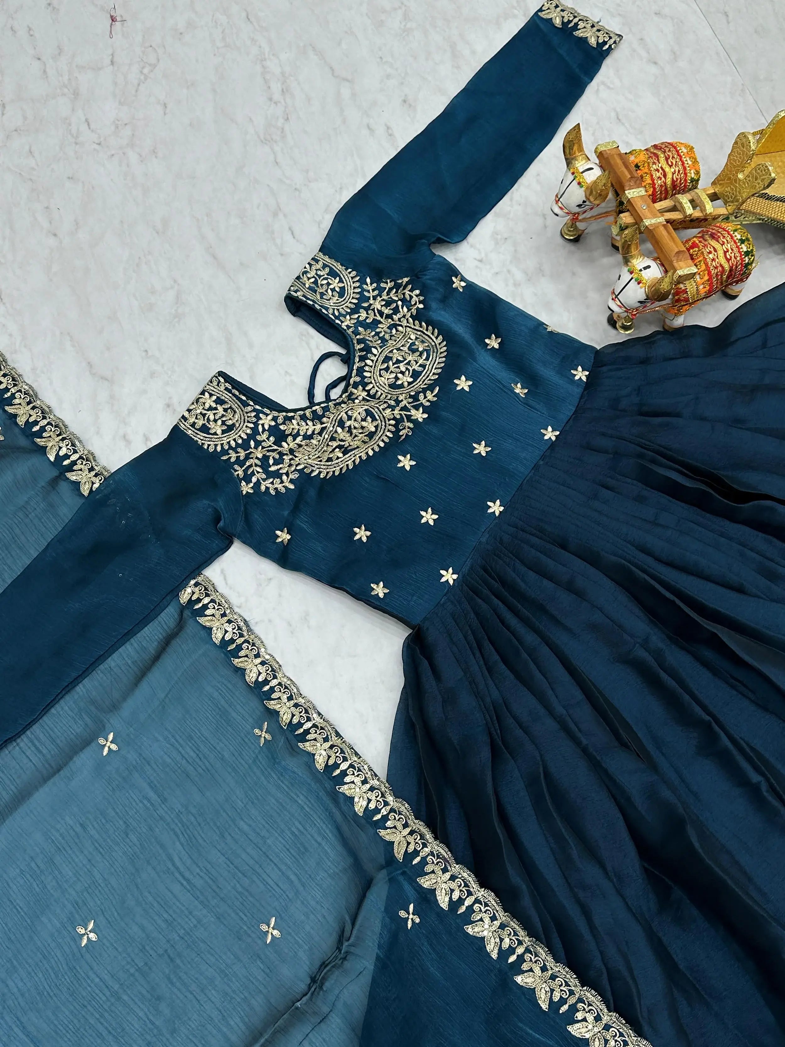 Dazzling Blue Embroidered Silk Wedding Wear Gown With Dupatta