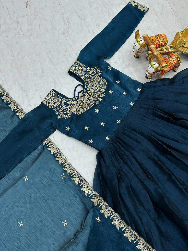 Dazzling Blue Embroidered Silk Wedding Wear Gown With Dupatta