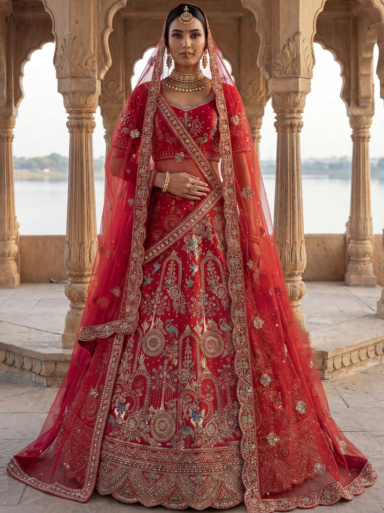 Awesome Red Embroidered Silk Bridal Lehenga Choli With Double Dupatta