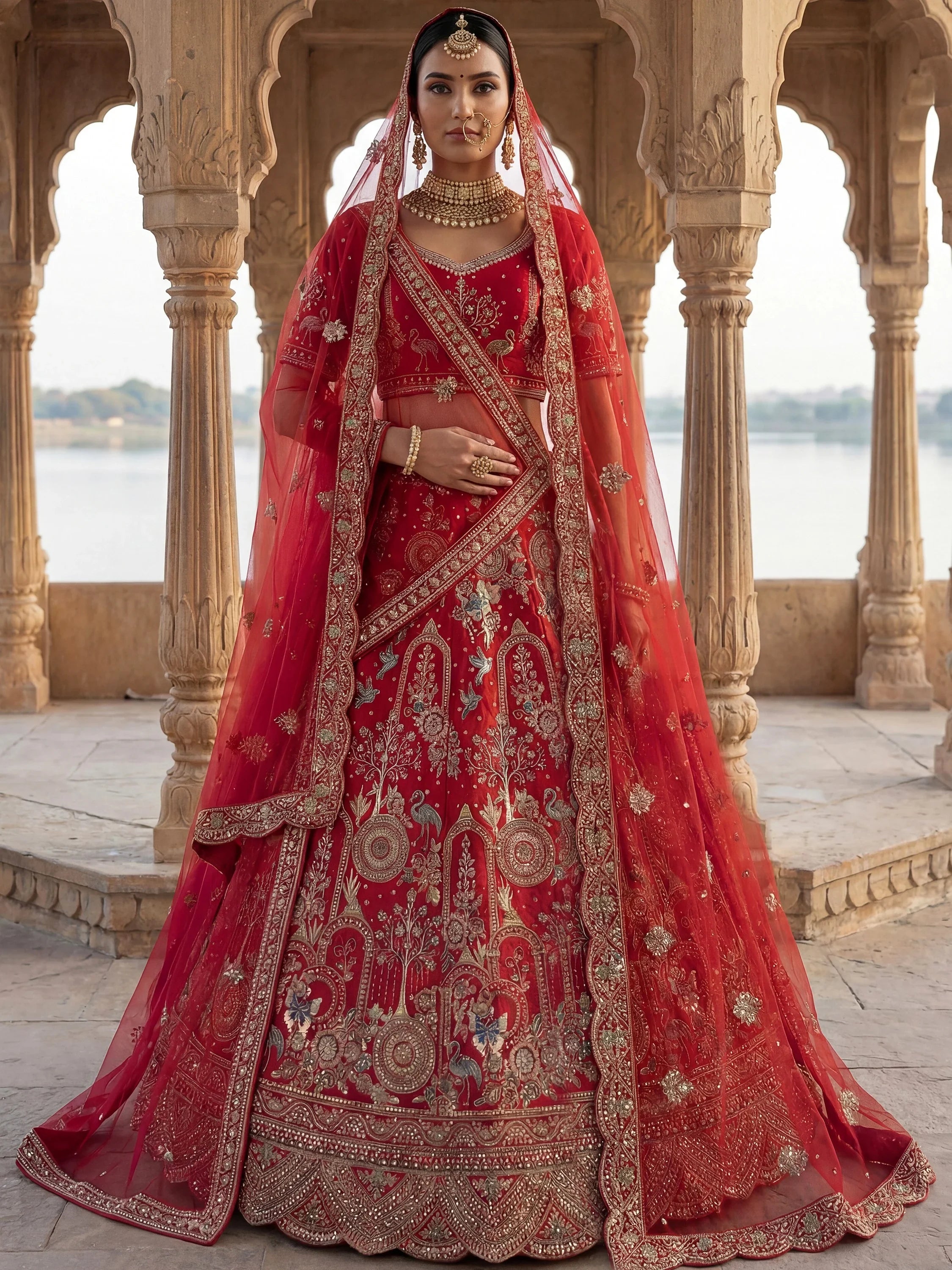 Awesome Red Embroidered Silk Bridal Lehenga Choli With Double Dupatta