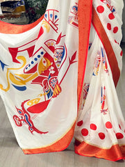 Striking White Printed Silk Traditional Saree With Printed Blouse