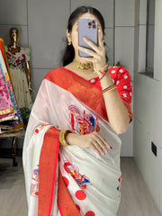 Striking White Printed Silk Traditional Saree With Printed Blouse