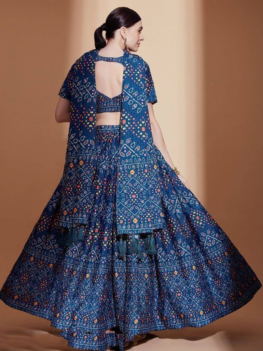 Blue printed lehenga choli with back cutout and tassels, ethnic Indian wear for women