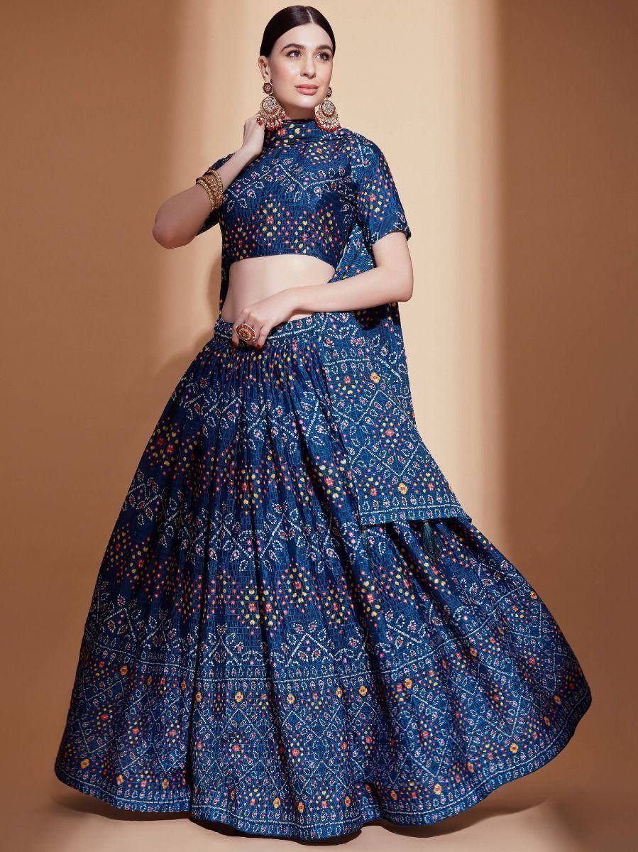 Blue printed lehenga choli with floral motifs, perfect for Indian ethnic wear and festive occasions