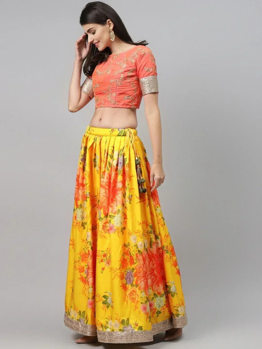 Floral yellow lehenga with coral embroidered blouse, ethnic Indian wear for women