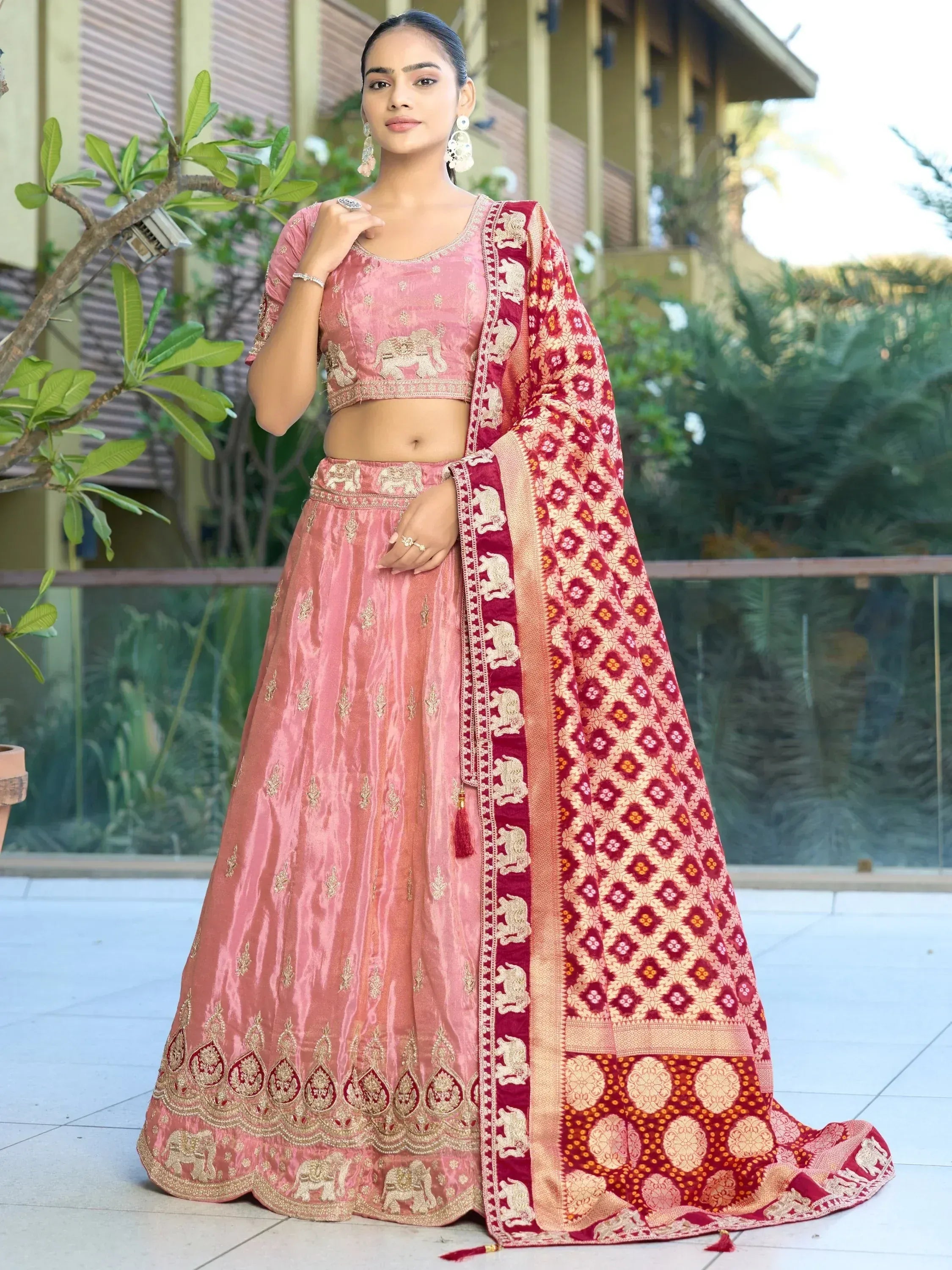 Pink velvet lehenga choli with elephant embroidery and red dupatta, Indian ethnic wear