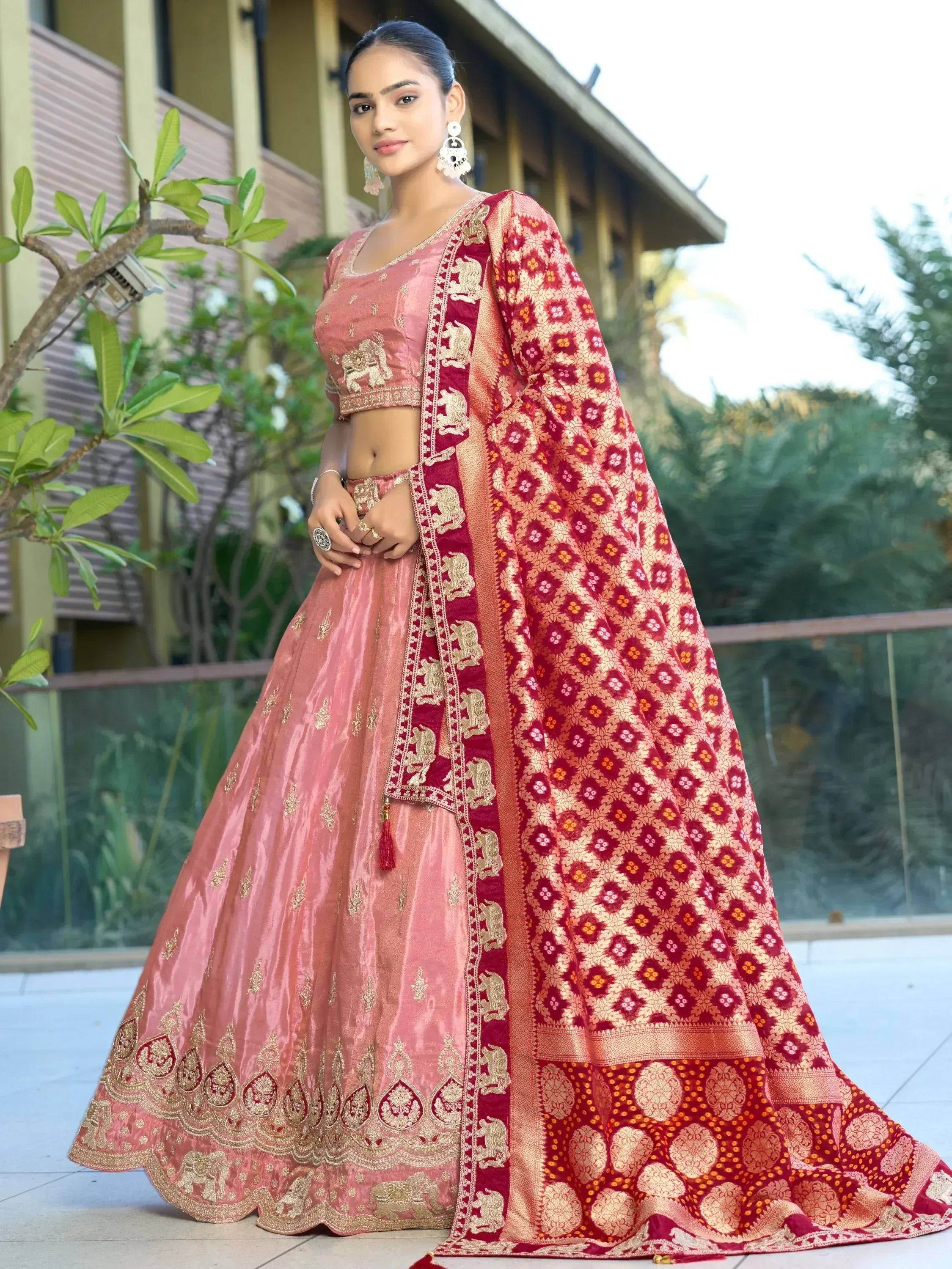 Pink velvet lehenga choli with gold elephant embroidery and red dupatta, Indian ethnic wear