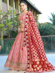 Beauteous Pink Embroidered Viscose Reception Wear Lehenga With Blouse - Ethnic Plus In