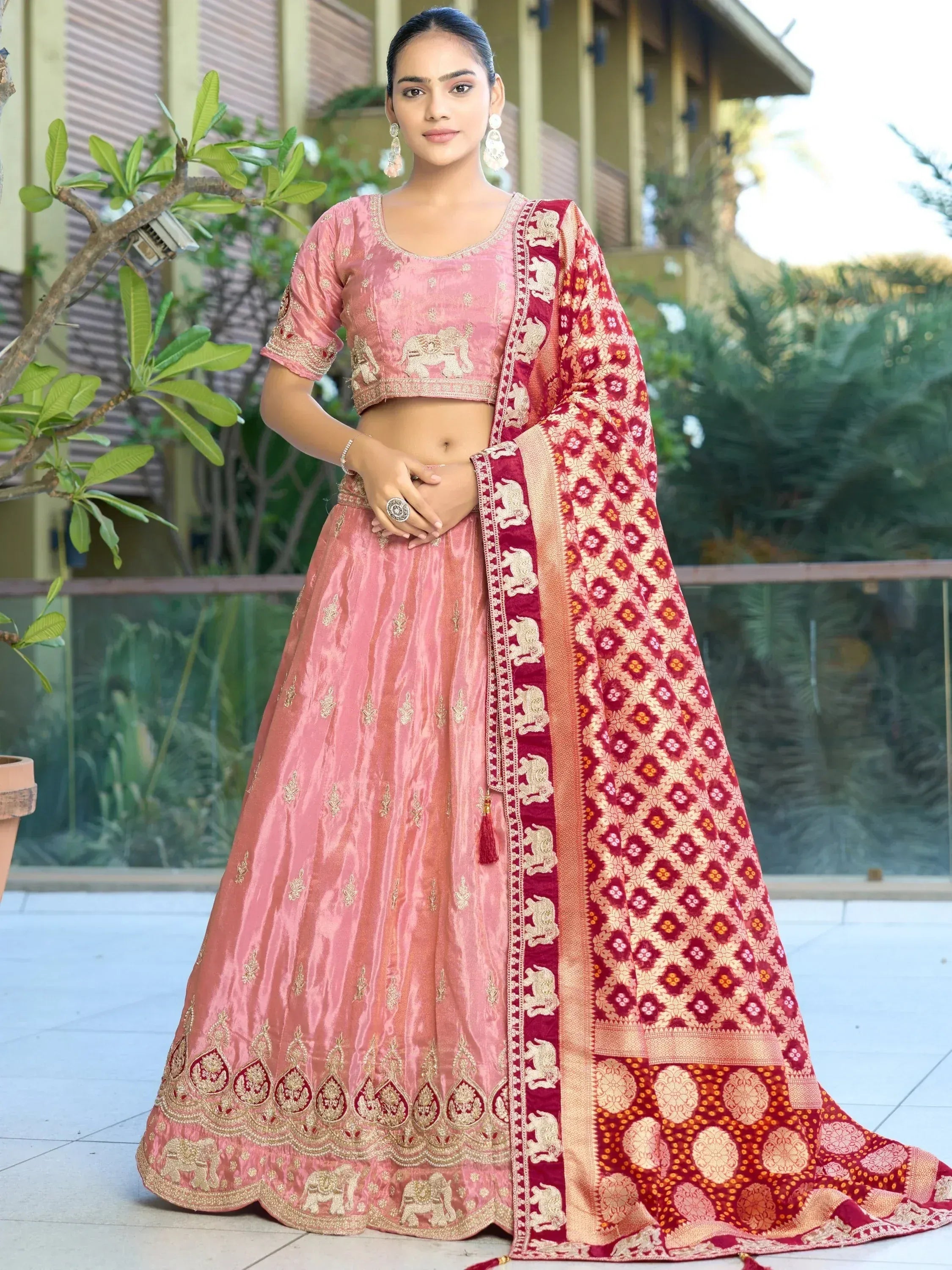 Pink embroidered lehenga choli with red elephant motif dupatta, Indian ethnic wear for weddings and festivals