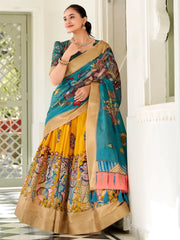 Beauteous Yellow Kalamkari Print Dola Silk Event Wear Lehenga Choli - Ethnic Plus In