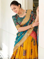 Beauteous Yellow Kalamkari Print Dola Silk Event Wear Lehenga Choli - Ethnic Plus In