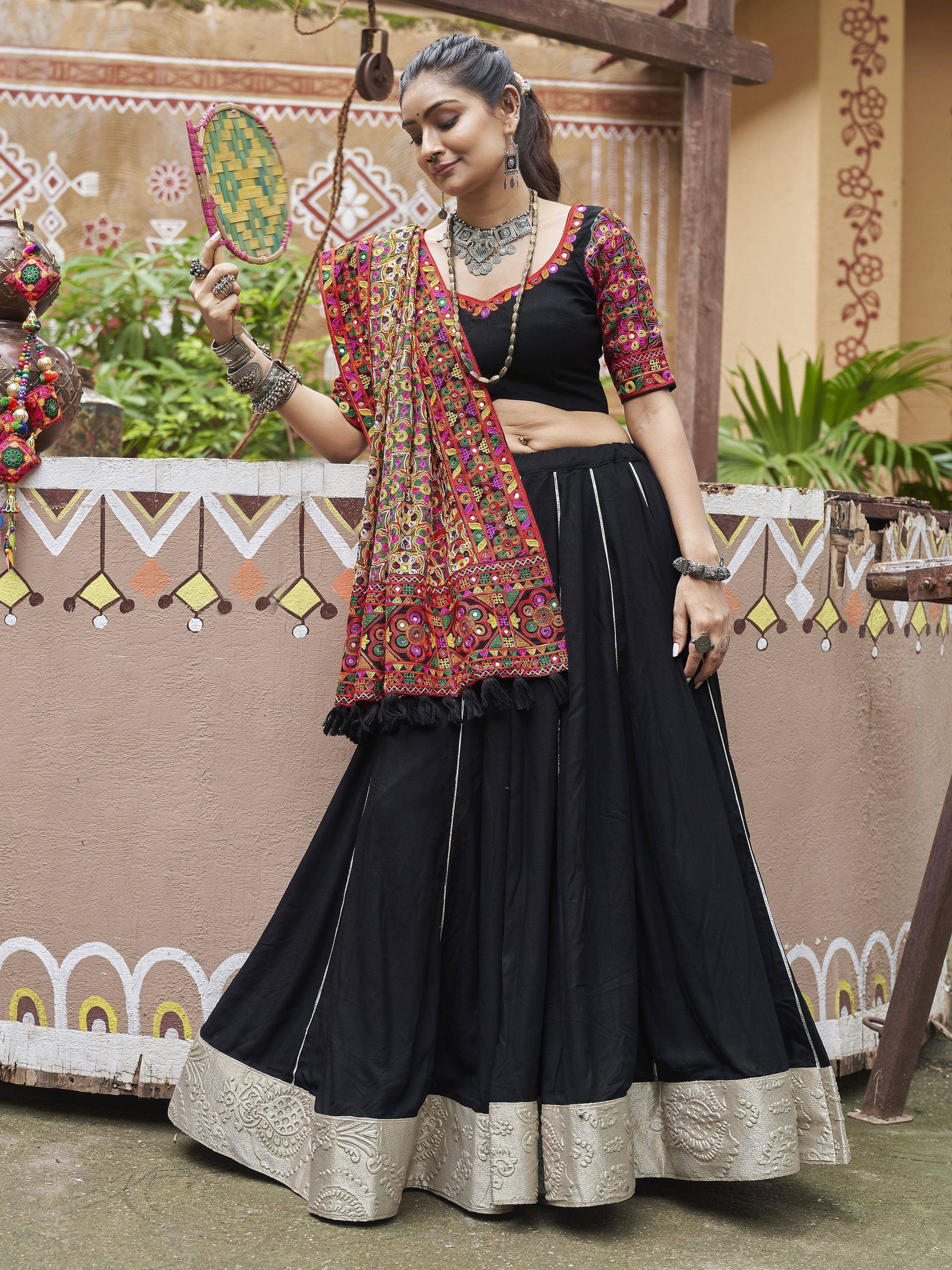 Black lehenga choli with colorful embroidered dupatta, traditional Indian ethnic wear for women
