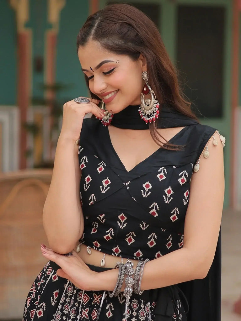 Beautiful Black Printed Rayon Navratri Wear Lehenga Choli With Dupatta - Ethnic Plus In