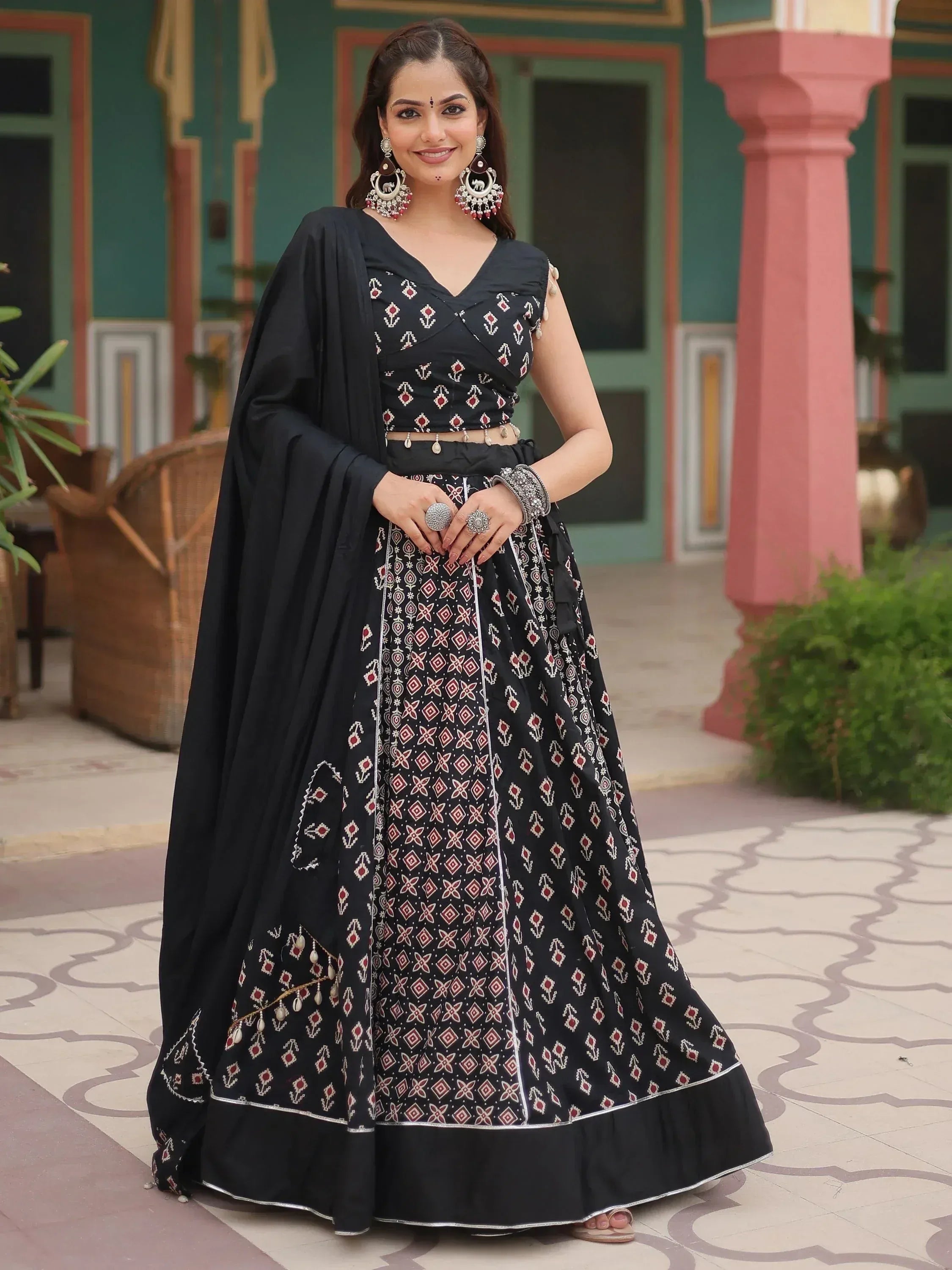 Black printed lehenga choli with dupatta, ethnic Indian wear for women