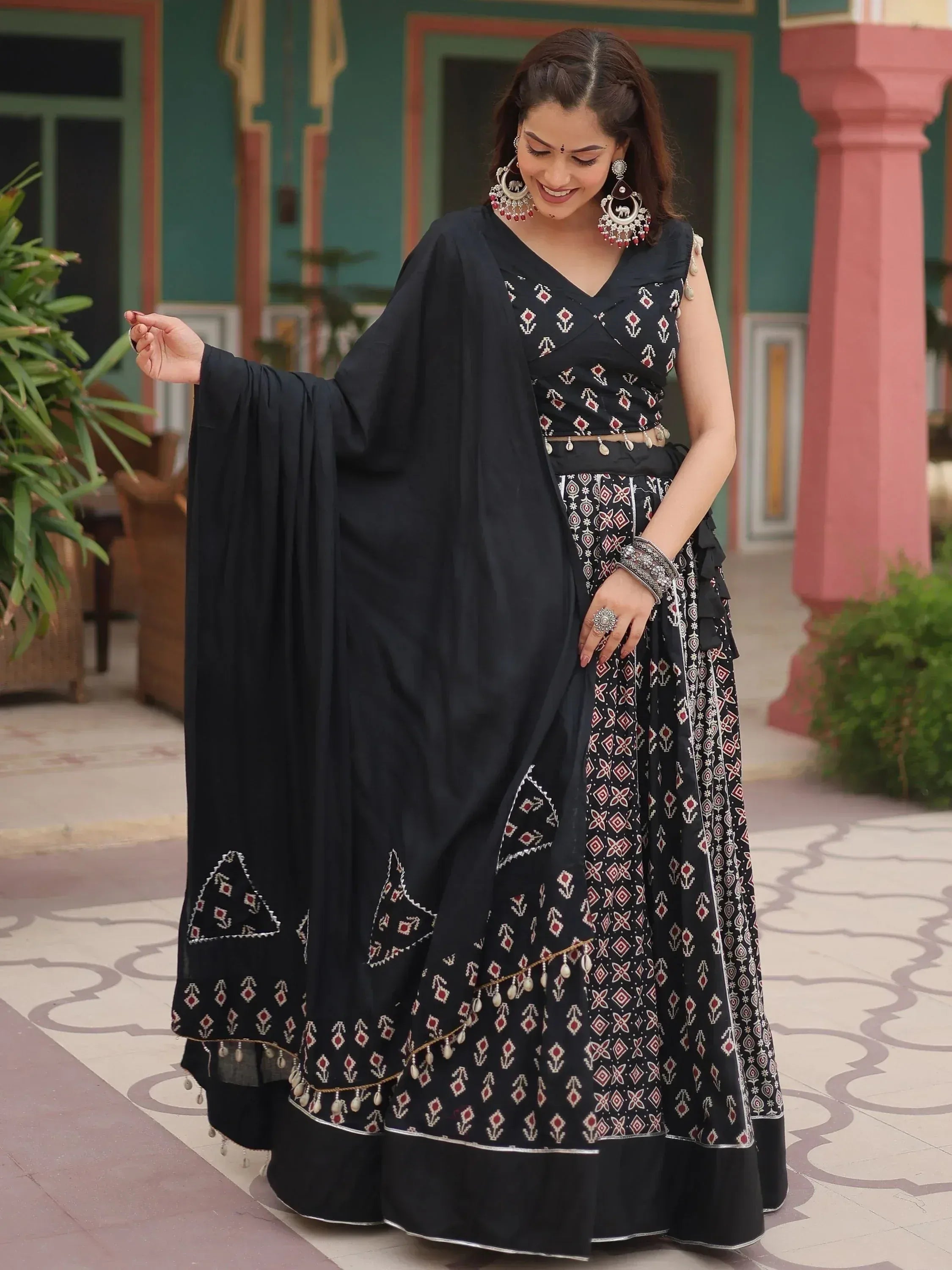 Black printed lehenga choli with dupatta, ethnic Indian wear for women, traditional designer outfit