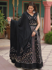 Beautiful Black Printed Rayon Navratri Wear Lehenga Choli With Dupatta - Ethnic Plus In