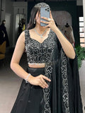 Beautiful Black Satin Party Wear Lehenga With Pearl Work Blouse - Ethnic Plus In