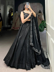 Beautiful Black Satin Party Wear Lehenga With Pearl Work Blouse - Ethnic Plus In