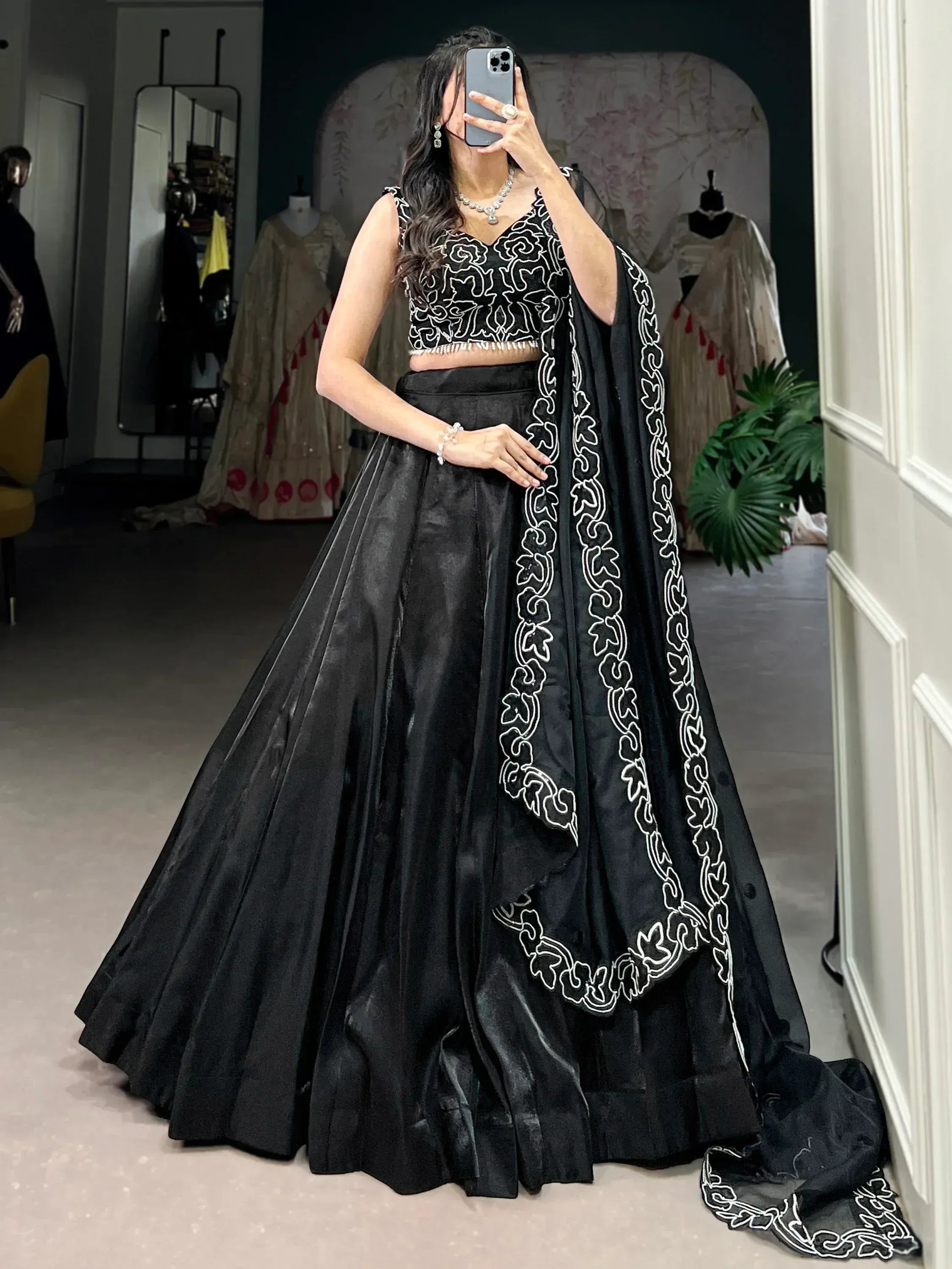 Black lehenga choli with white embroidery, designer ethnic wear for women