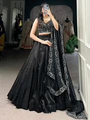 Beautiful Black Satin Party Wear Lehenga With Pearl Work Blouse - Ethnic Plus In
