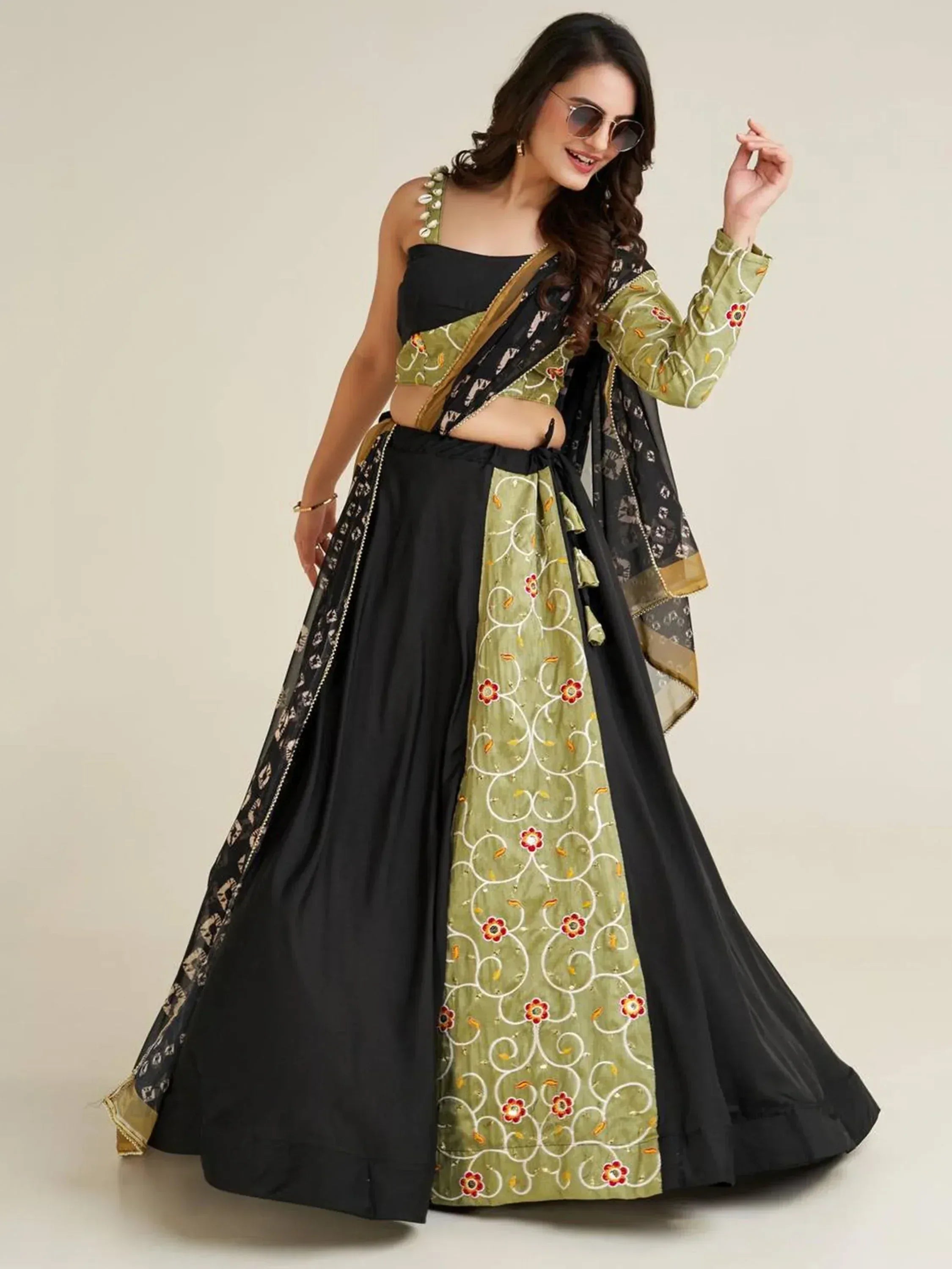 Black and olive green embroidered lehenga choli with floral patterns and matching dupatta for Indian ethnic wear
