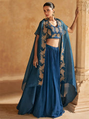 Beautiful Blue Chinon Reception Wear Lehenga Choli With Jacket - Ethnic Plus In