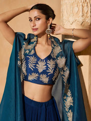 Beautiful Blue Chinon Reception Wear Lehenga Choli With Jacket - Ethnic Plus In
