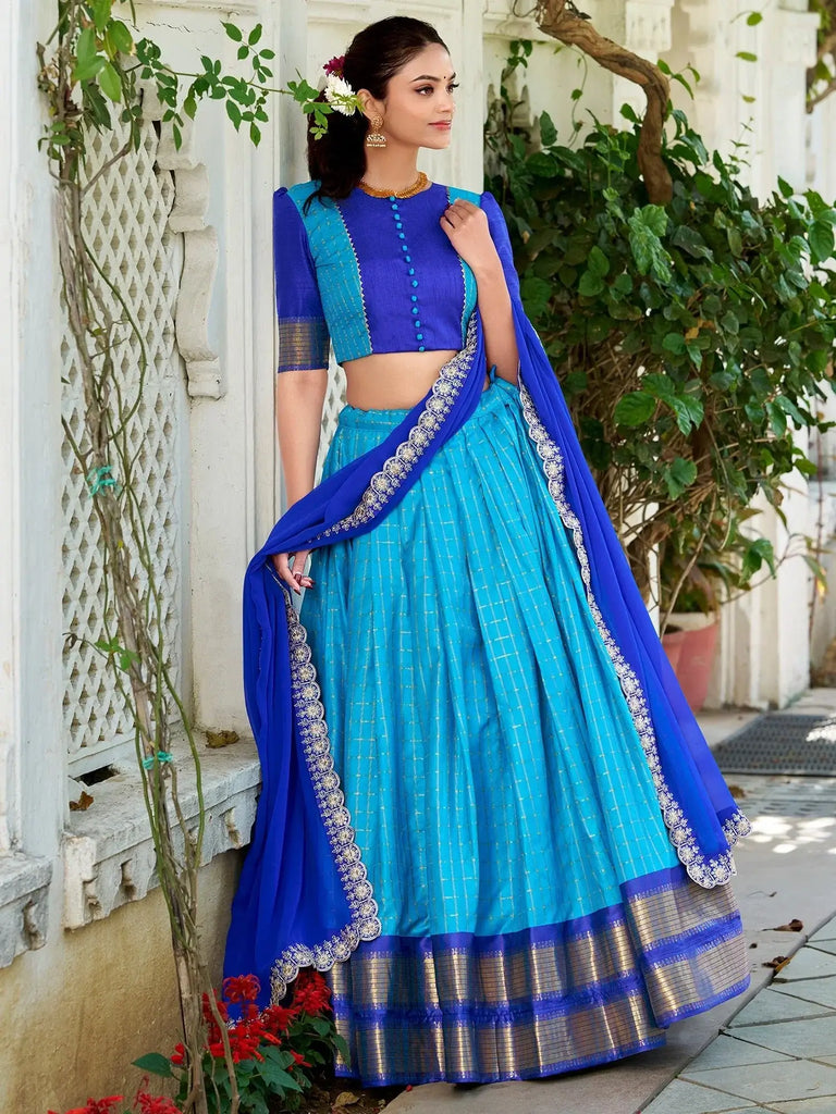 Beautiful Blue Zari Weaving Art Silk Festival Wear Half Saree Lehenga - Ethnic Plus In