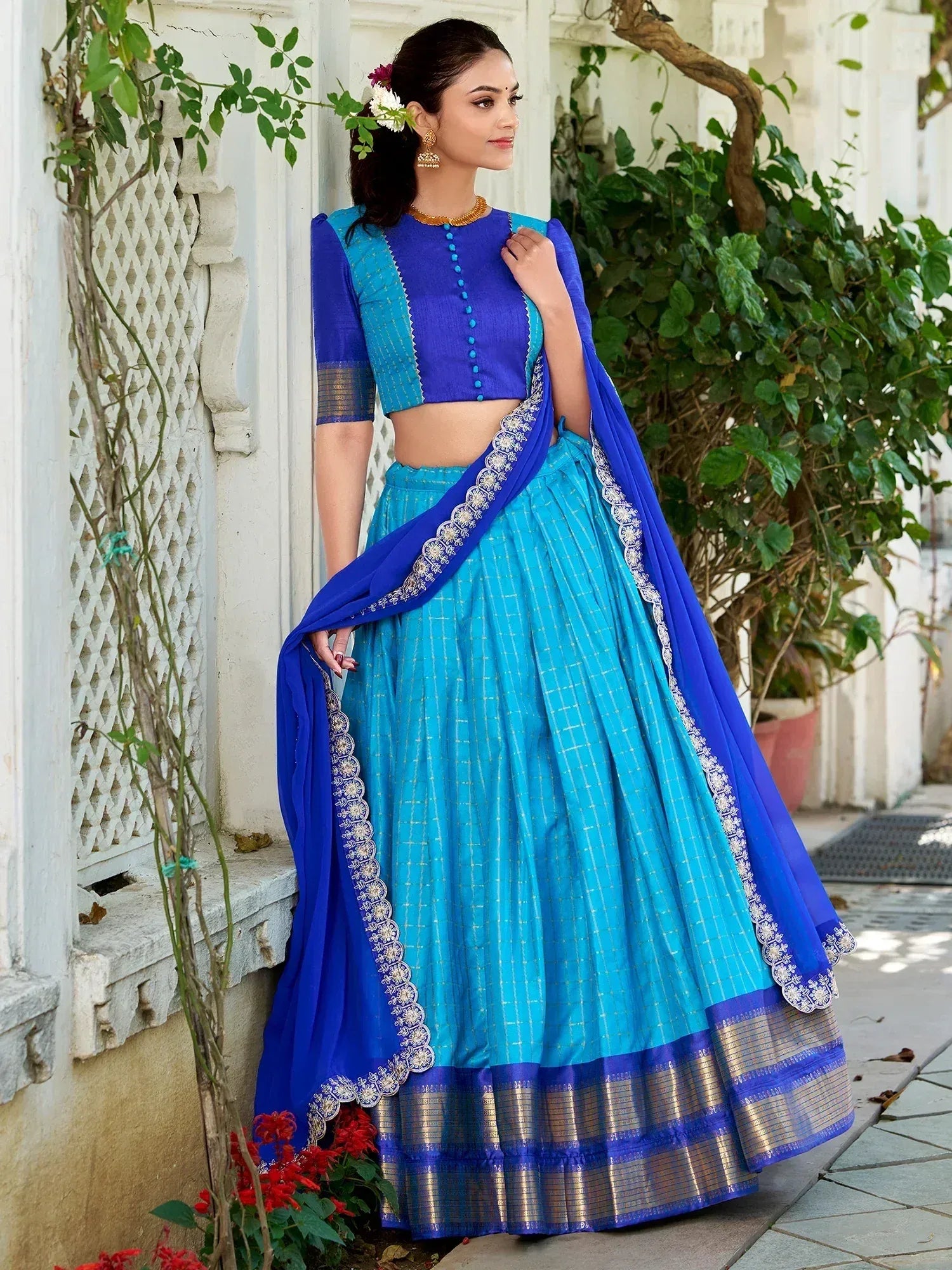 Blue and turquoise lehenga choli with embroidered dupatta, perfect for Indian ethnic wear